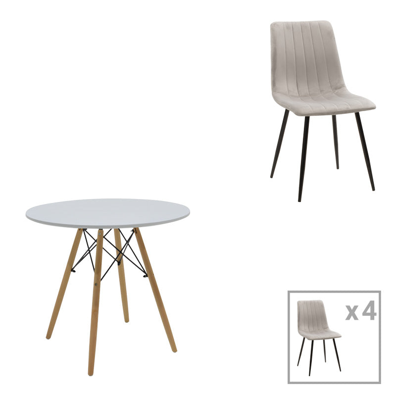 Masă de sufragerie set 5 piese Julita Noor, Lemn, Alb-Gri, D80x76 cm