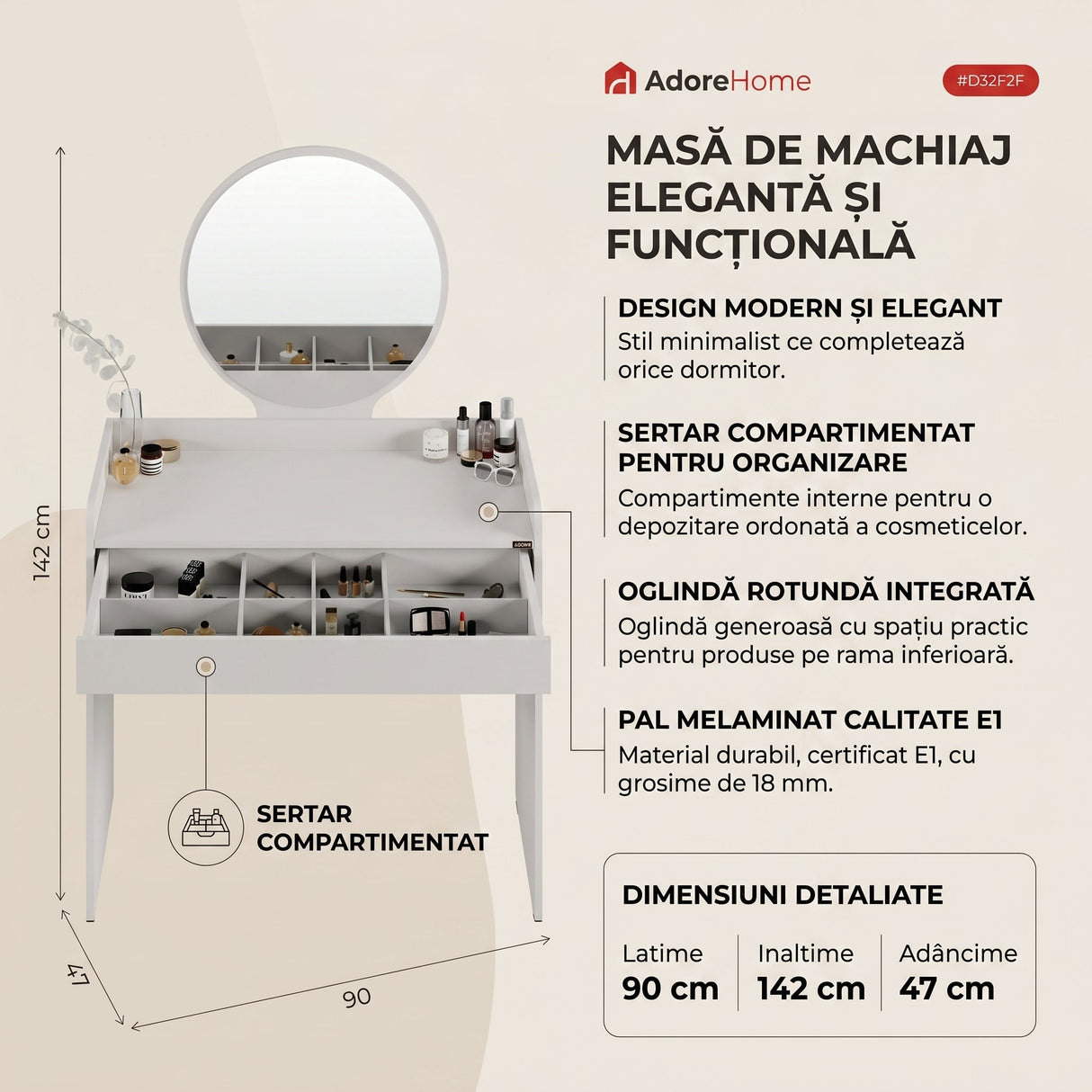 Masa de machiaj TMU-701-VV-1 Home Collection® cu sertar si oglinda, Alb - Bej, 90x142x47 cm