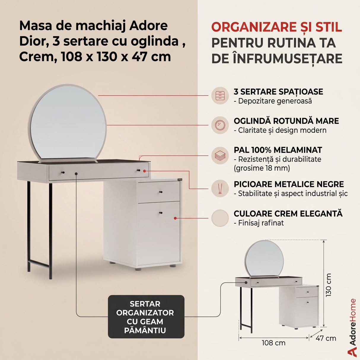 Masa de machiaj TMU-713-VV-1 Home Collection® Dior, 3 sertare cu oglinda, Crem, 108x130x47 cm