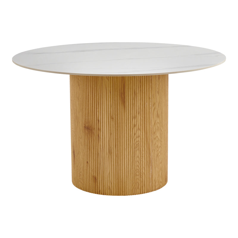 Masă de sufragerie Sikulu, Aspect travertin, Bej - Stejar, D125x77 cm - Masă de sufragerie Sikulu, Aspect travertin, Bej - Stejar, D125x77 cm