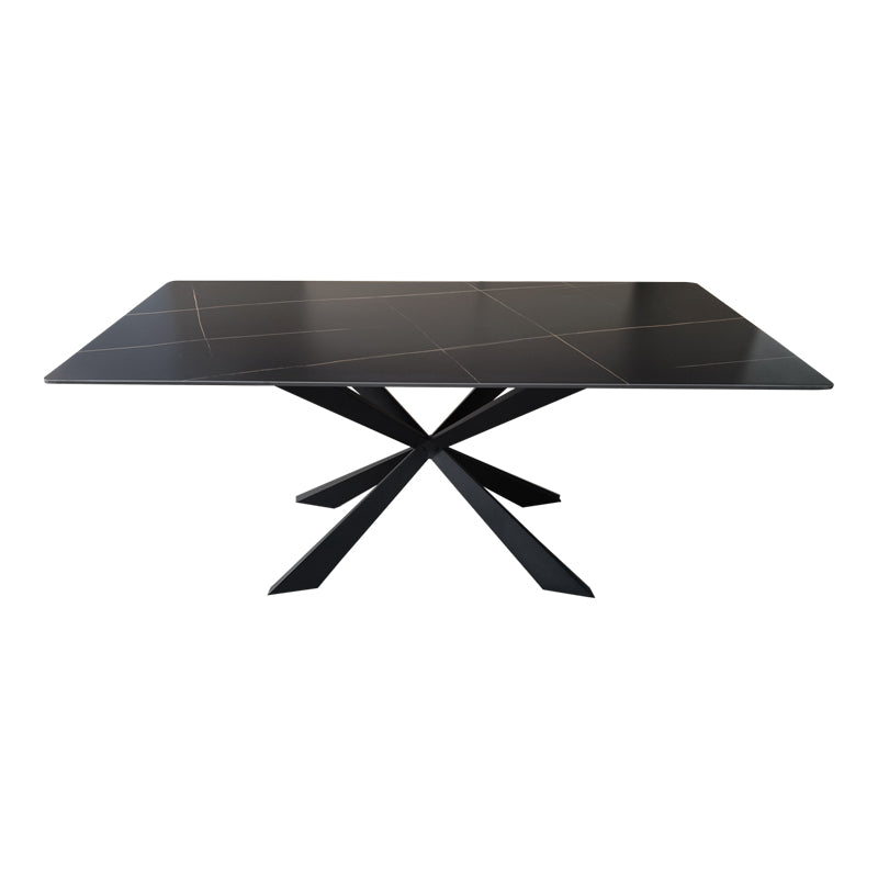 Masă de sufragerie cu blat din piatra sinterizata model Mattias, structura metalica, Alb - Negru, 180x90x75 cm - Negru