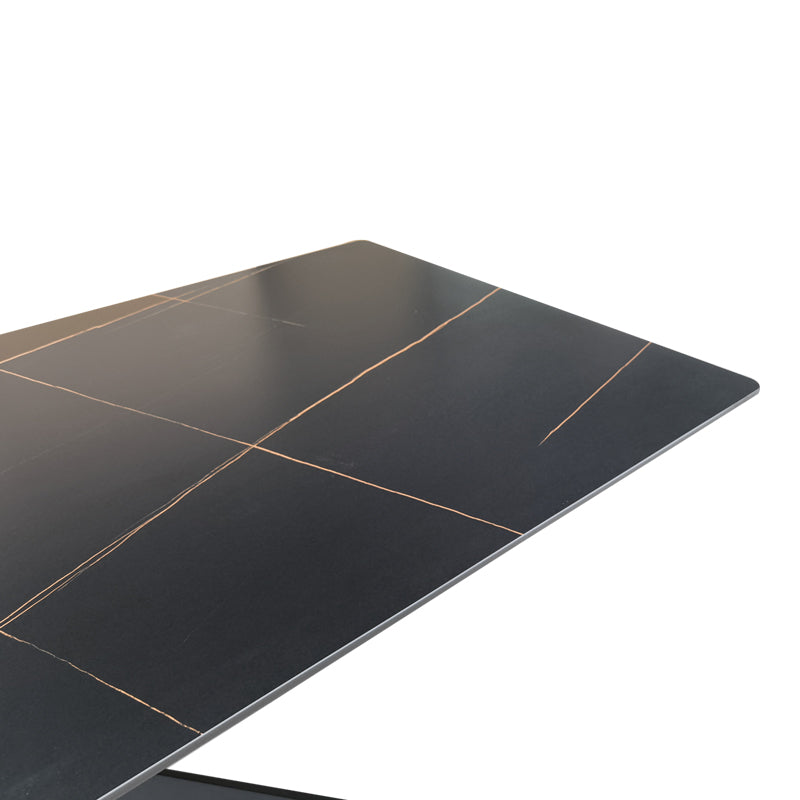 Masă de sufragerie cu blat din piatra sinterizata model Mattias, structura metalica, Alb - Negru, 180x90x75 cm - Negru