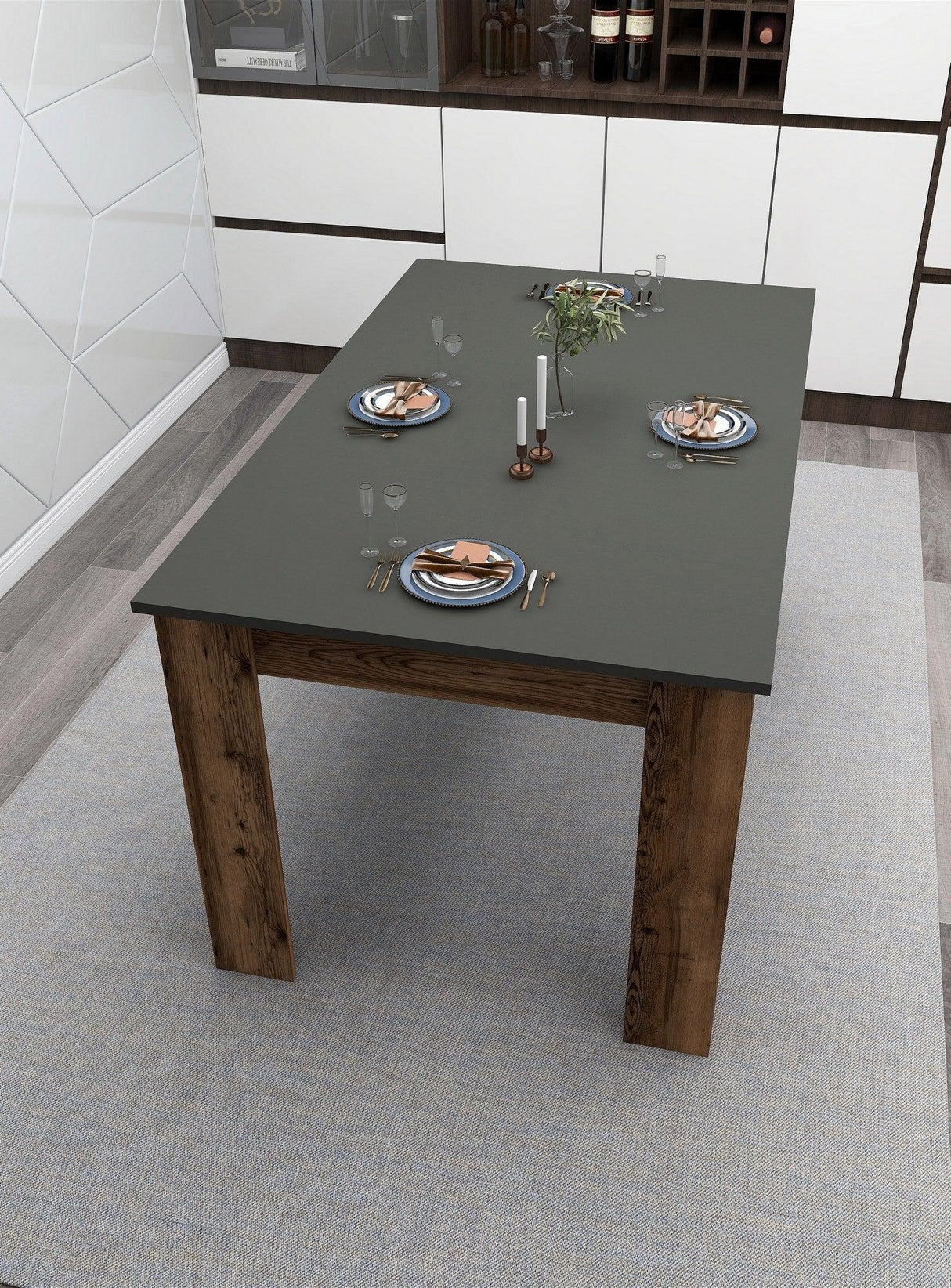 Masă Mikas Bucatarie Elegant cu Loc de Depozitare, Anthracite, Nuc deschis, 145x77x88 cm