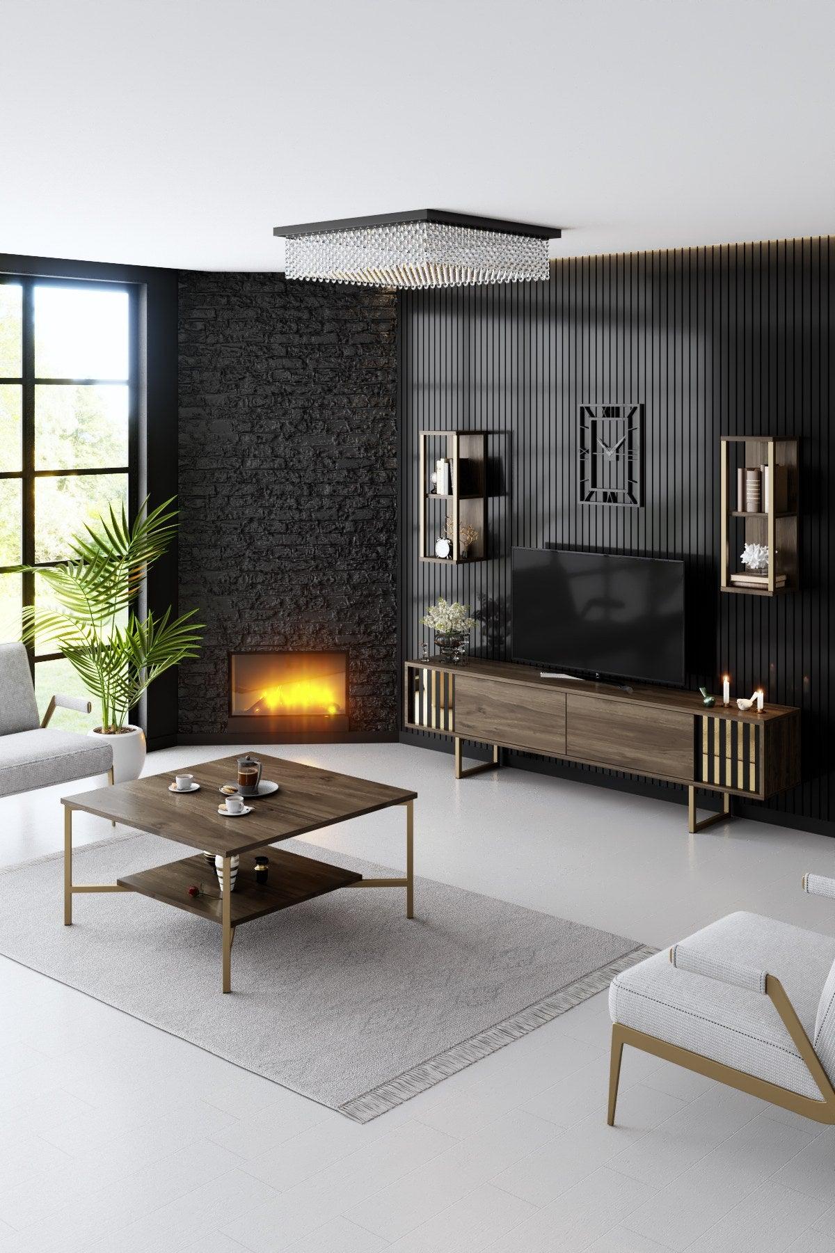 Masuta Cafea, PAL Melaminat / Metal, Gold Line, Negru / Auriu, 80x80x40 cm - Nuc