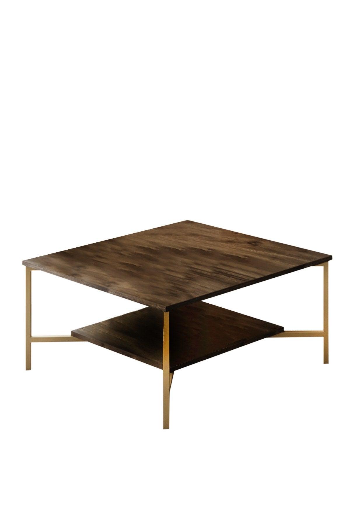 Masuta Cafea, PAL Melaminat / Metal, Gold Line, Negru / Auriu, 80x80x40 cm - Nuc
