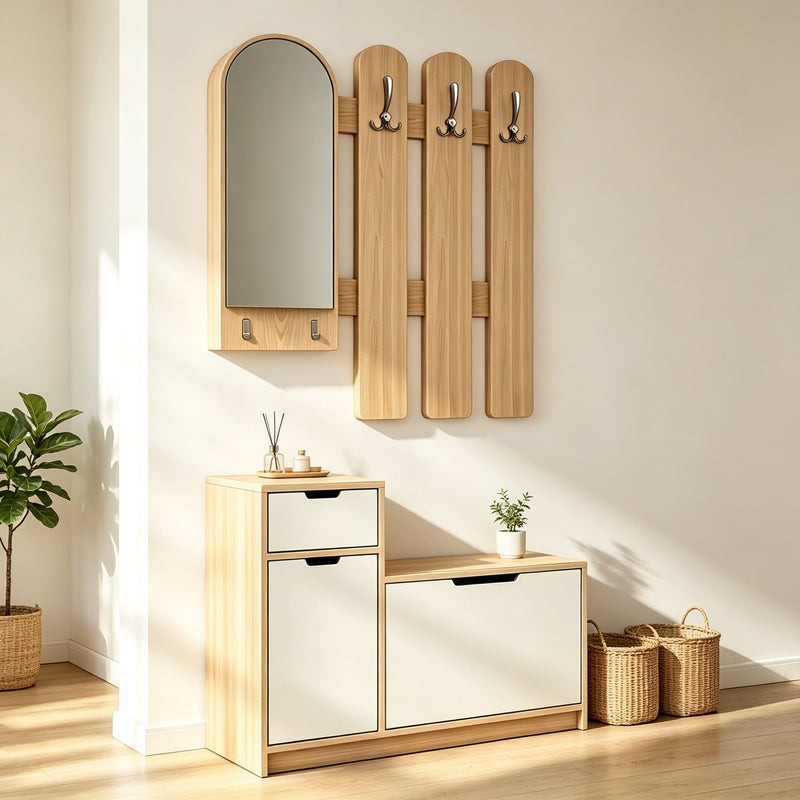 Mobilier de hol cu oglindă Kenty, Stejar - Alb, 100x28x110 cm