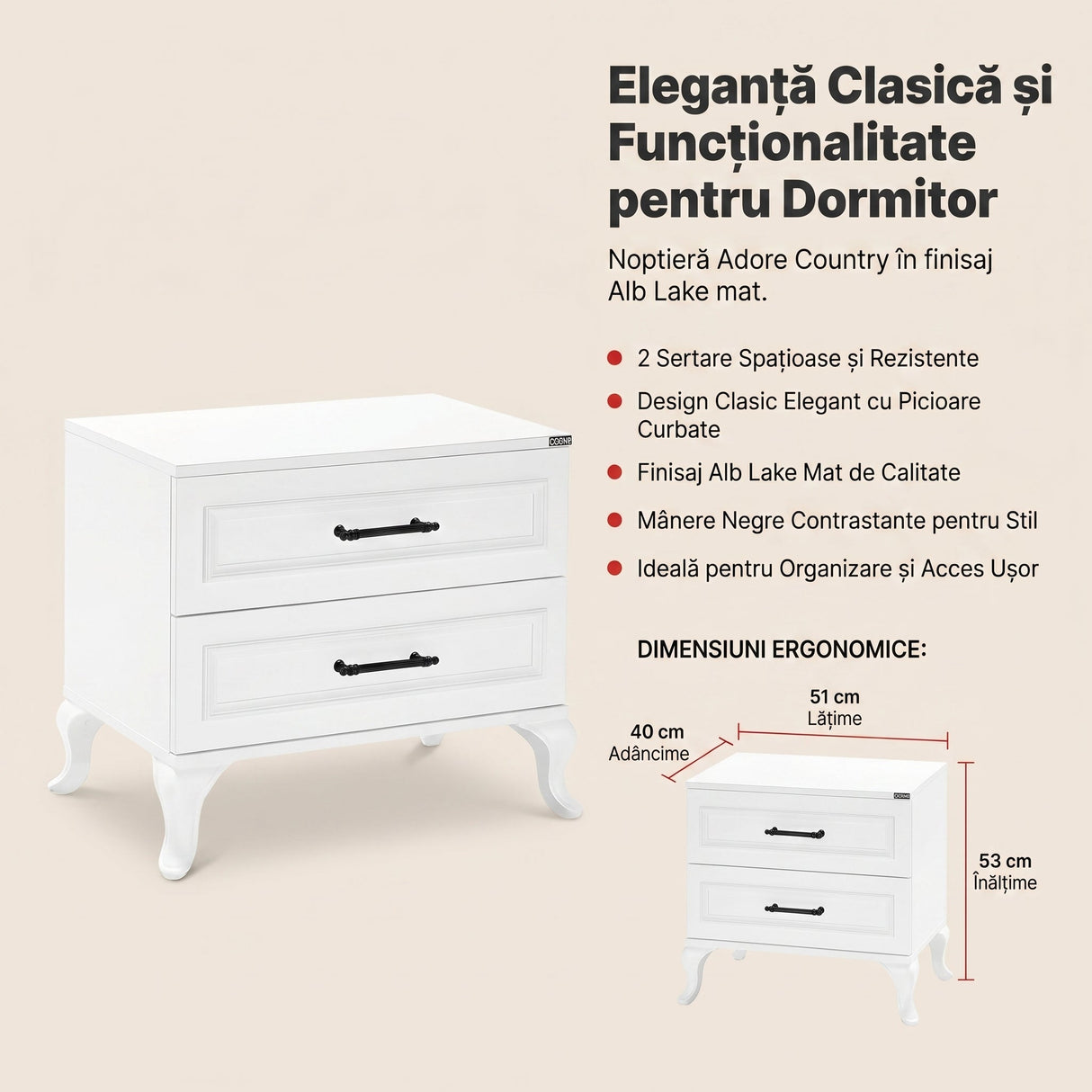 Noptiera KMD-1002-DD-1 Home Collection® Country, 2 sertare, Alb Lake, 51x53x40 cm