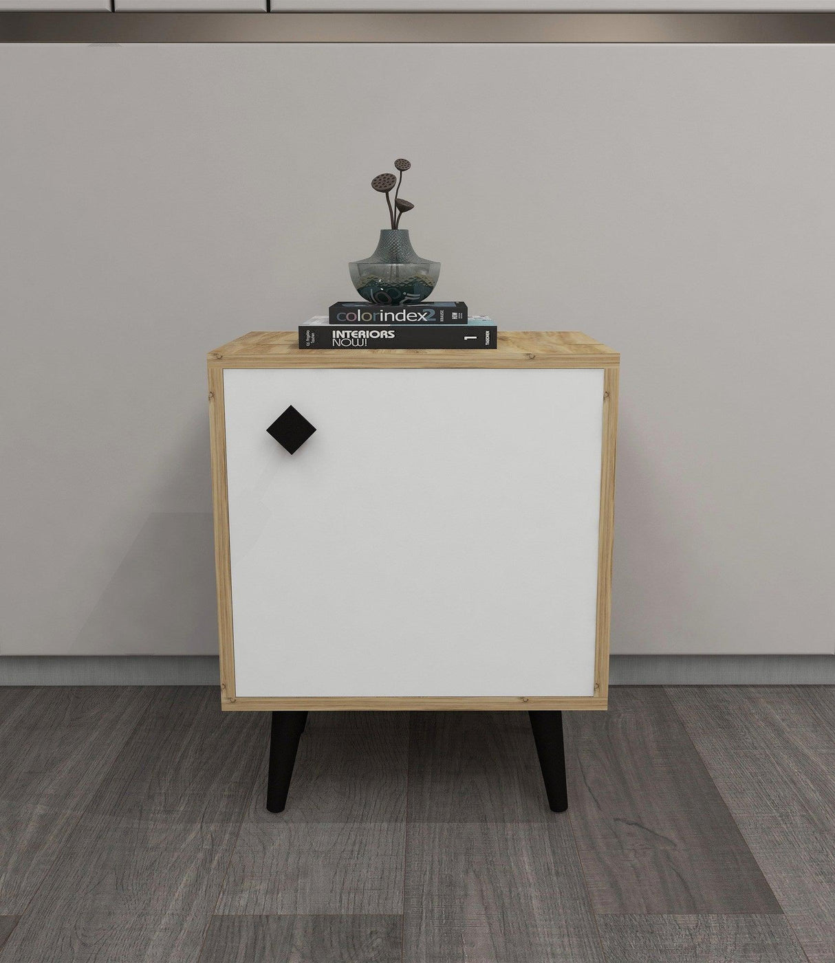 Noptiera Hastikoz cu usa, Alb - Stejar - Lemn, Natural, 45x65x35 cm - Stejar Alb