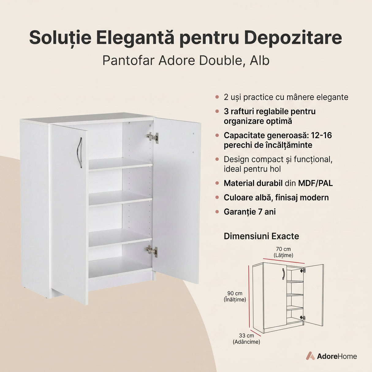 Pantofar A2620 Home Collection® Double, 2 usi, 3 rafturi, capacitate 12-16 perechi, Alb, 70x90x33 cm