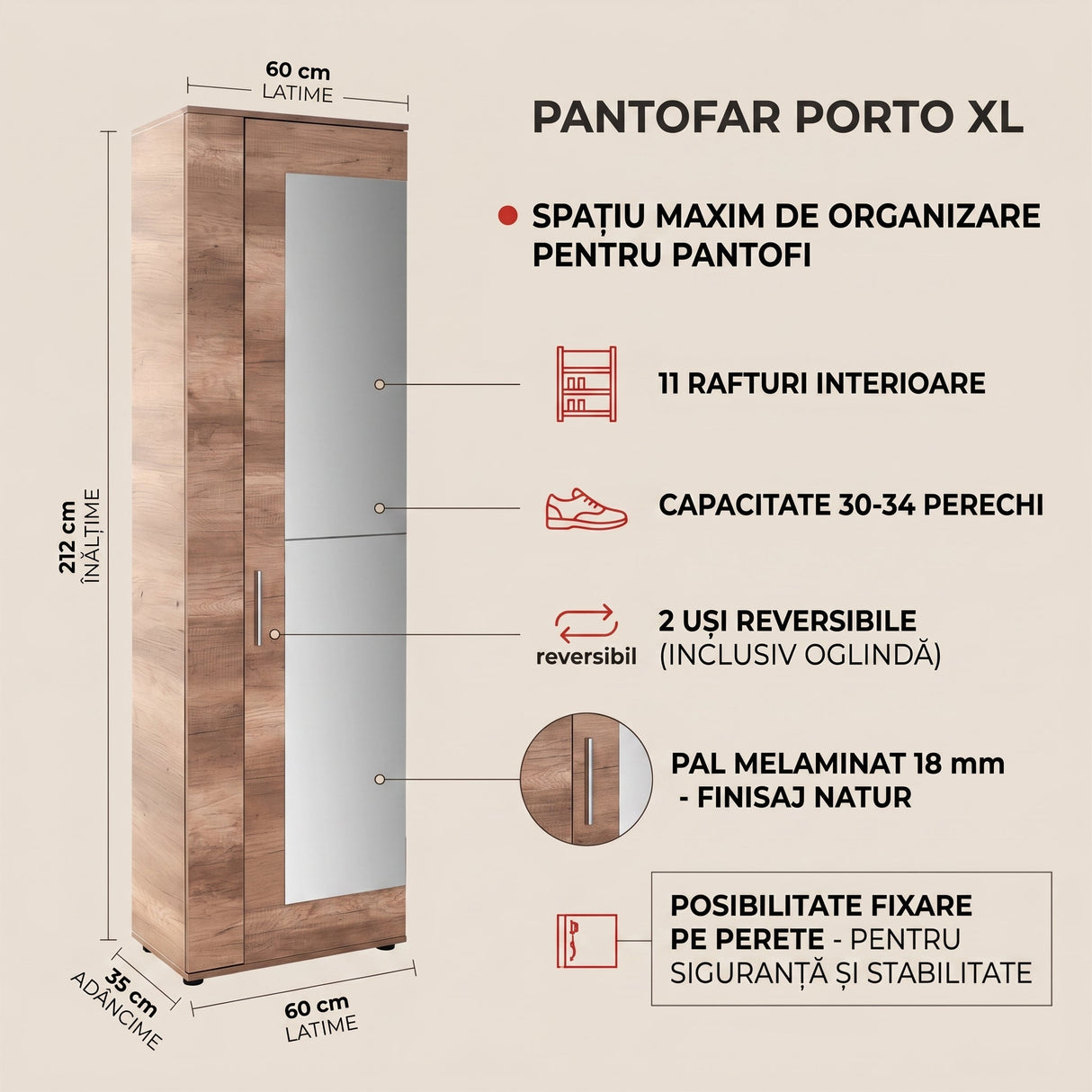 Pantofar SHC-929-TT-2 Home Collection® Porto XL, 2 usi reversibile cu oglinda, 11 rafturi, capacitate 30-34 perechi, Natur, 60x212x35 cm