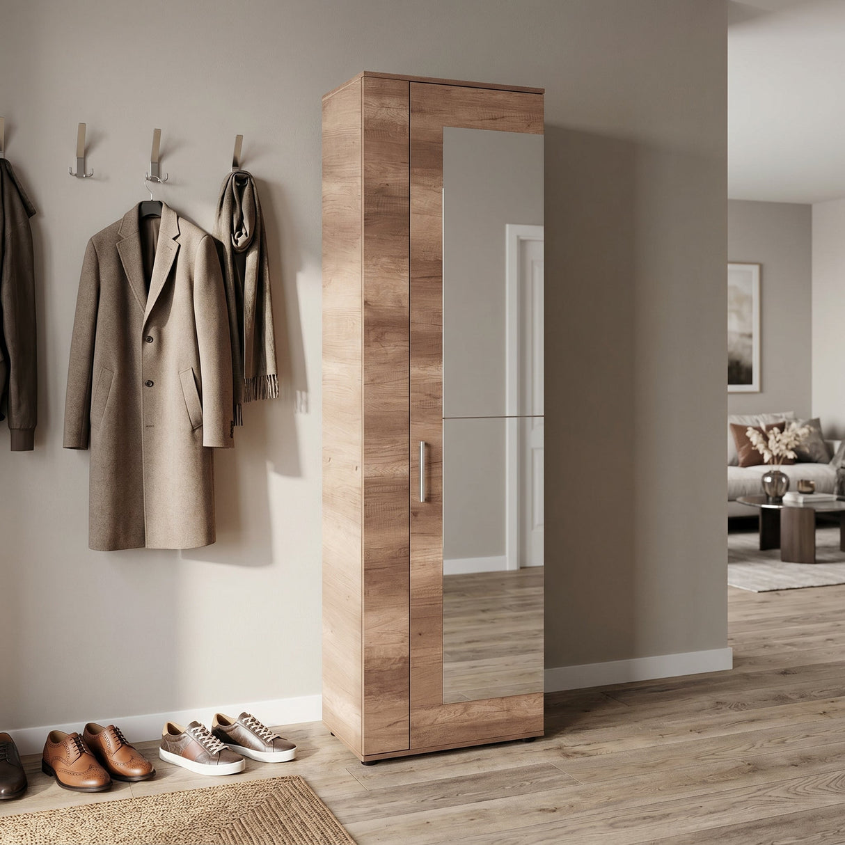 Pantofar SHC-929-TT-2 Home Collection® Porto XL, 2 usi reversibile cu oglinda, 11 rafturi, capacitate 30-34 perechi, Natur, 60x212x35 cm