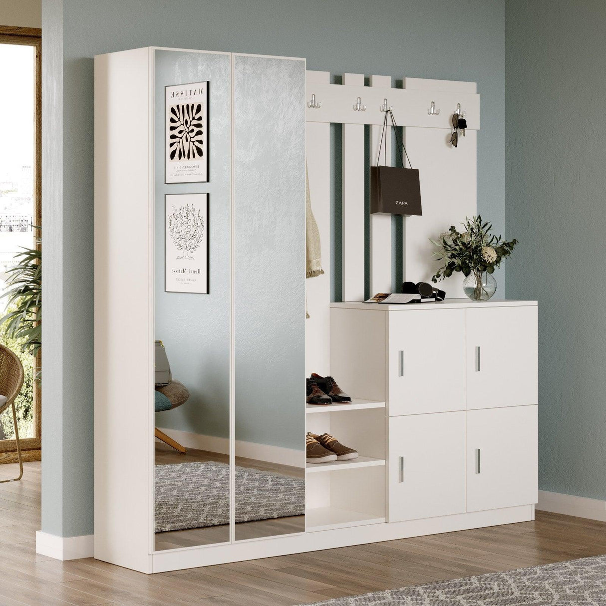 Pantofar Curier cu oglinda si 4 compartimente, Alb, 187x180x38 cm