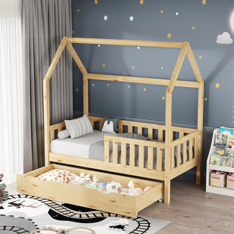 Pat bebe Bendina de tip Montessori cu sertar din lemn de pin, Natural, 70x140 cm