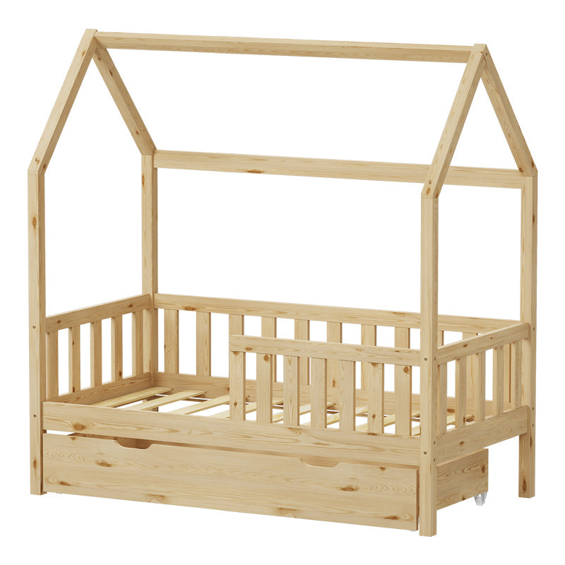 Pat bebe Bendina de tip Montessori cu sertar din lemn de pin, Natural, 70x140 cm