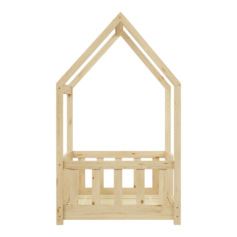 Pat copii Bambie cu balustrada tip Montessori din lemn de pin, Natural, 70x140 cm