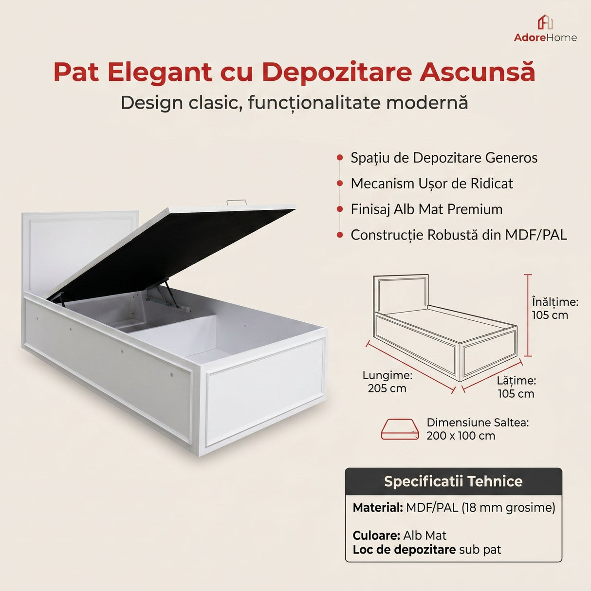Pat de o persoana KRB-1010-DD-2 Home Collection® Country cu loc de depozitare, Alb, 105x105x205 cm