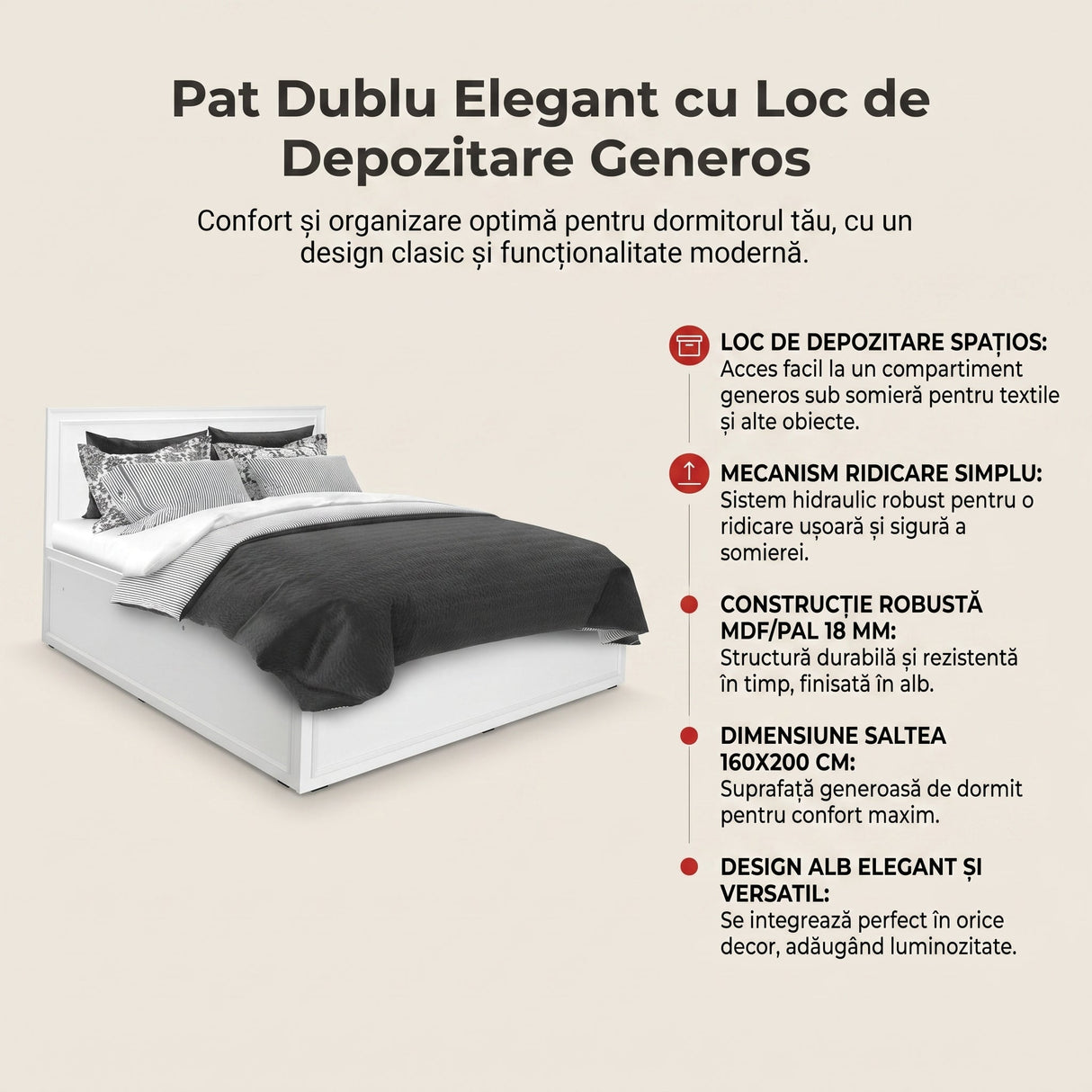Pat dublu KRB-1016-DD-3 Home Collection® Country cu loc de depozitare, Alb, 165x110x205 cm