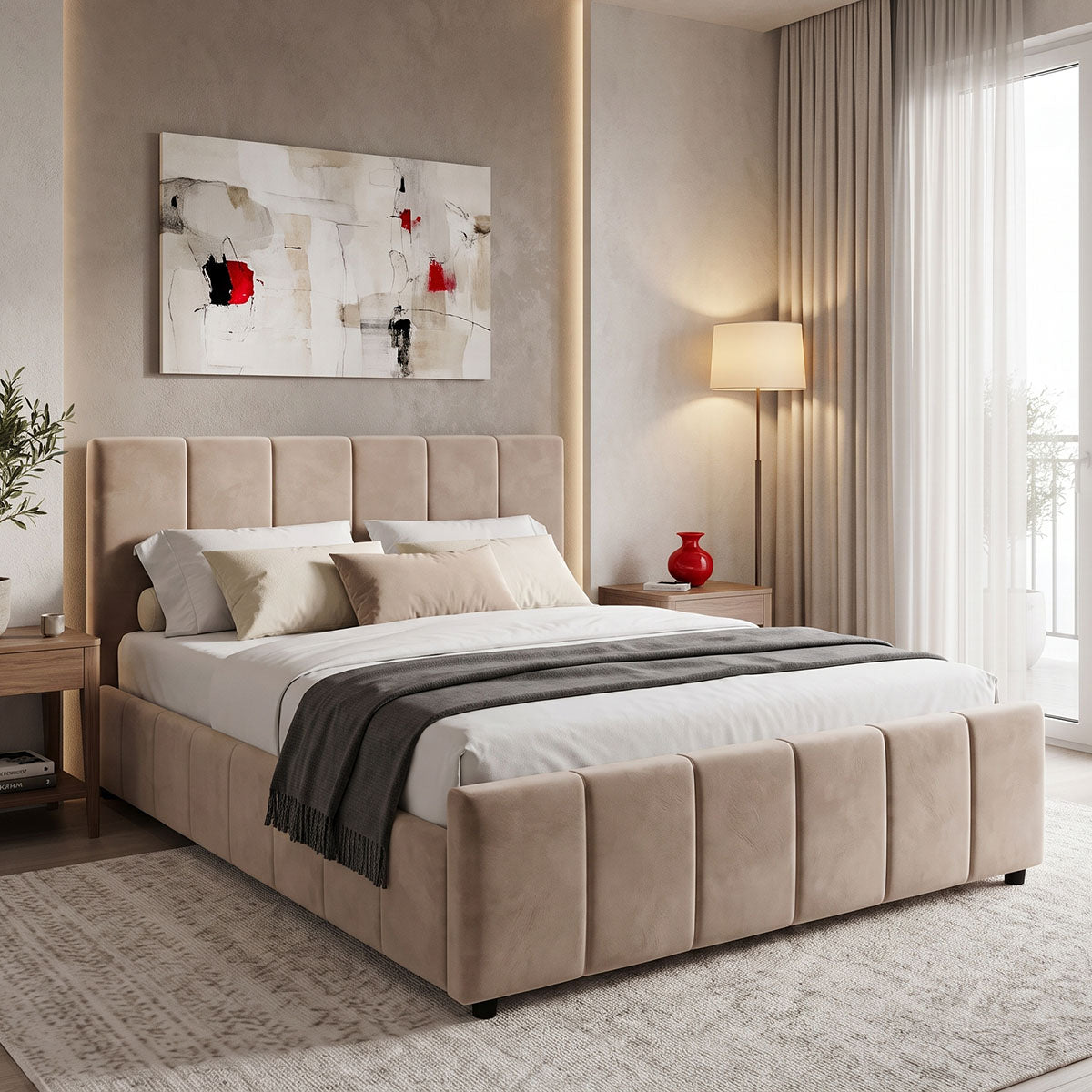 Pat dublu Doulia, catifea, Diverse culori, 150x200 cm - Bej | SKU: 388-000048 | Pat dublu Doulia, catifea, 150x200 cm, varianta Bej, produs pentru amenajarea locuinței, disponibil online în România la CasaMob