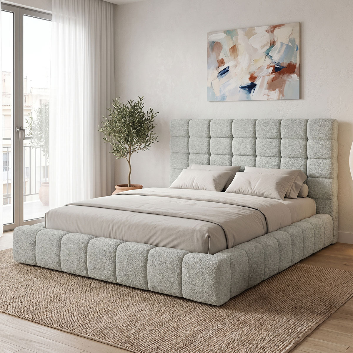 Pat dublu Pernant, cu depozitare, bouclé, Diverse culori, 160x200 cm - Gri deschis | SKU: 429-000005 | Pat dublu Pernant, cu depozitare, bouclé, 160x200 cm, varianta Gri deschis, produs pentru amenajarea locuinței, disponibil online în România la CasaMob