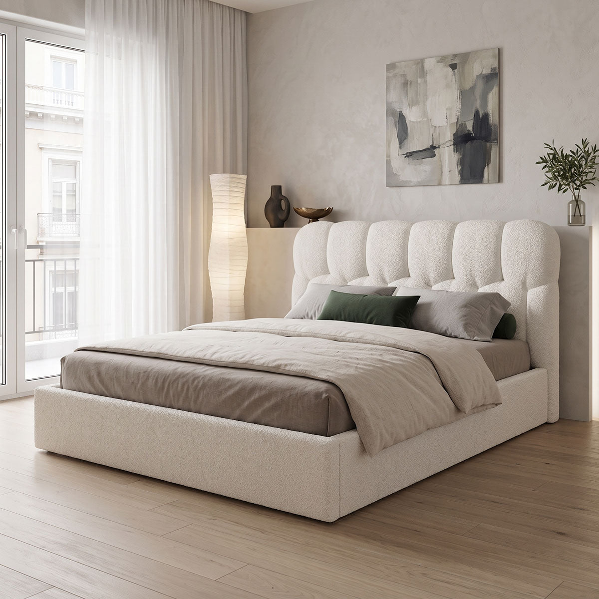 Pat dublu Sectra, cu depozitare, bouclé, Diverse culori, 160x200 cm - Crem | SKU: 429-000007 | Pat dublu Sectra, cu depozitare, bouclé, 160x200 cm, varianta Crem, produs pentru amenajarea locuinței, disponibil online în România la CasaMob