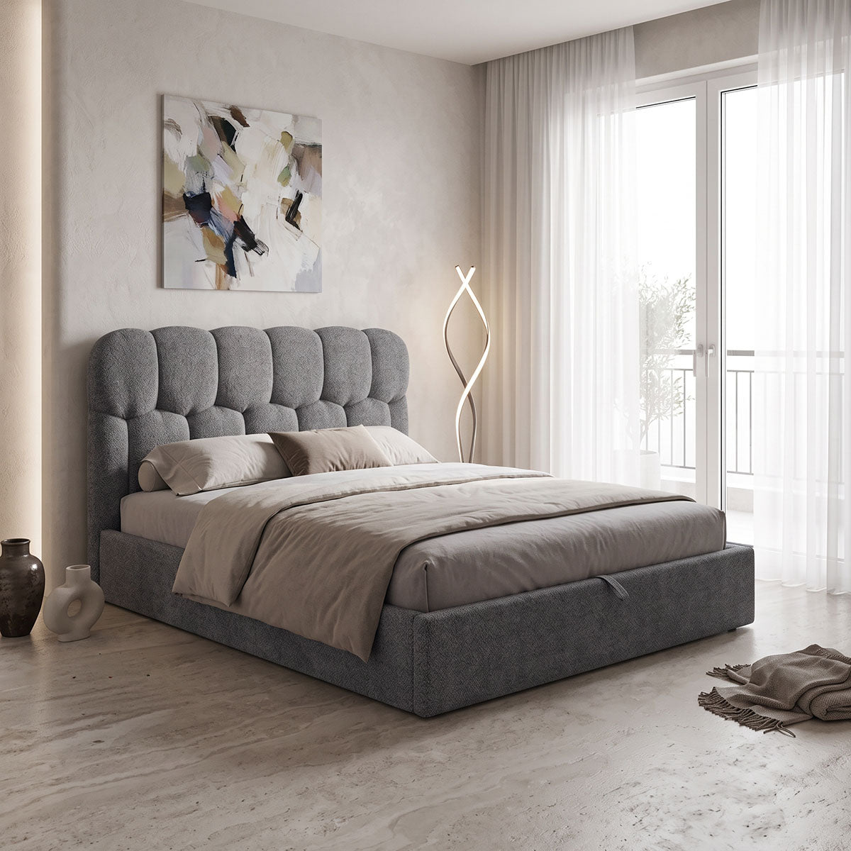 Pat dublu Sectra, cu depozitare, bouclé, Diverse culori, 160x200 cm - Gri | SKU: 429-000008 | Pat dublu Sectra, cu depozitare, bouclé, 160x200 cm, varianta Gri, produs pentru amenajarea locuinței, disponibil online în România la CasaMob