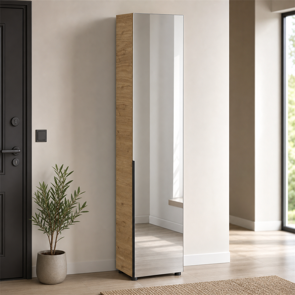 Pantofar cu oglindă PRT-819-FV-2 Home Collection® Porto, 1 ușă și 10 compartimente, Stejar-Bej, 47x210x34 cm