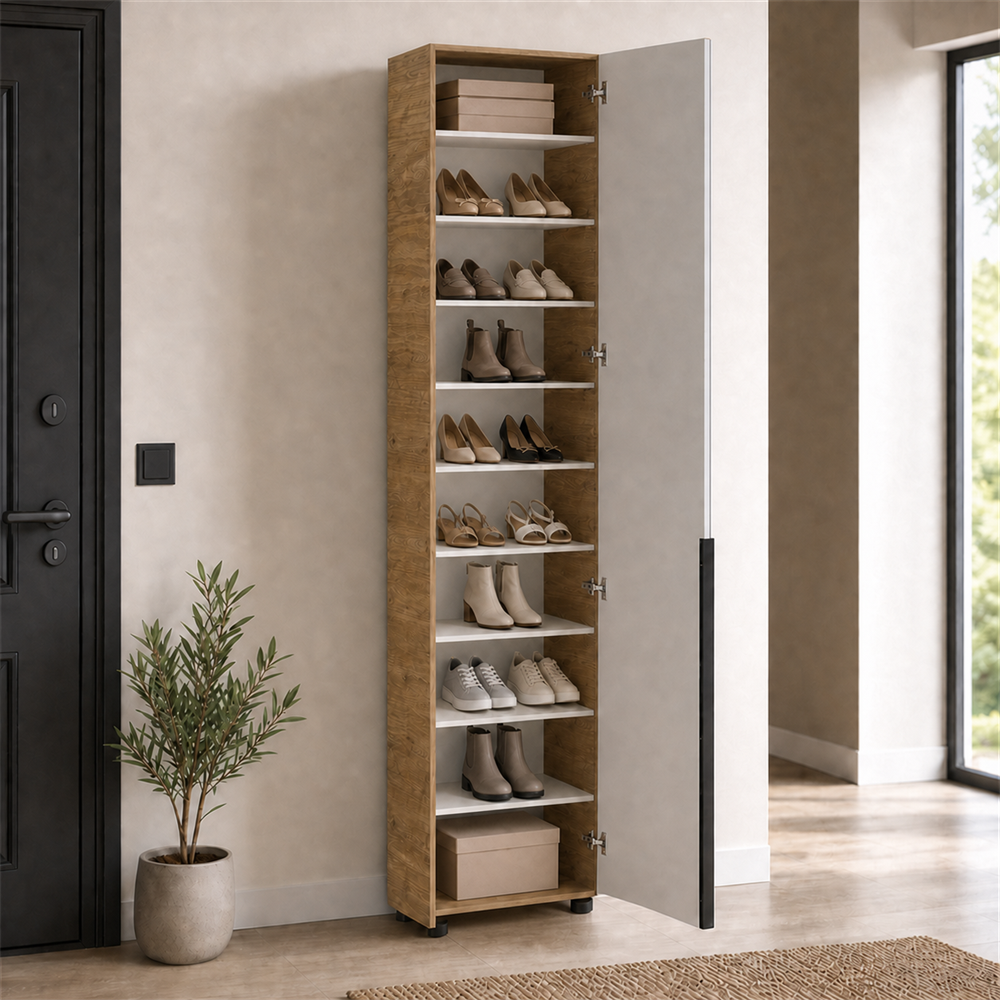 Pantofar cu oglindă PRT-819-FV-2 Home Collection® Porto, 1 ușă și 10 compartimente, Stejar-Bej, 47x210x34 cm