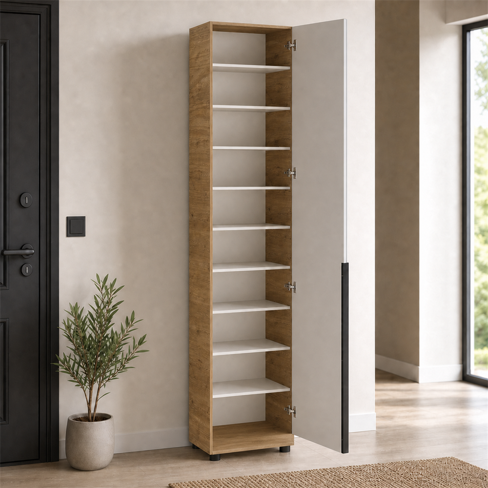 Pantofar cu oglindă PRT-819-FV-2 Home Collection® Porto, 1 ușă și 10 compartimente, Stejar-Bej, 47x210x34 cm