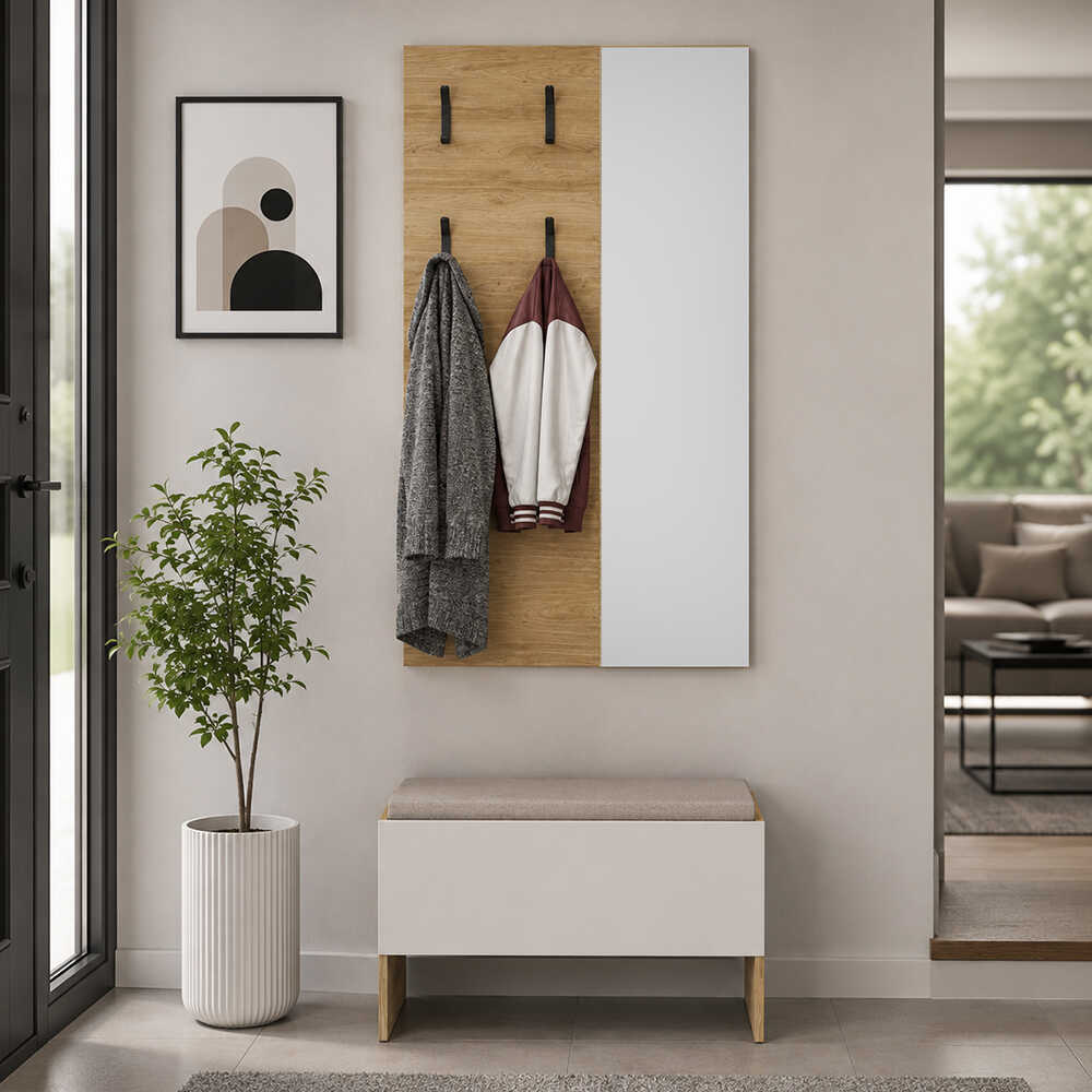 Cuier de perete cu oglindă PRU-804-FX-1 Home Collection® Porto, 4 agățători, Stejar, 72x117x3 cm