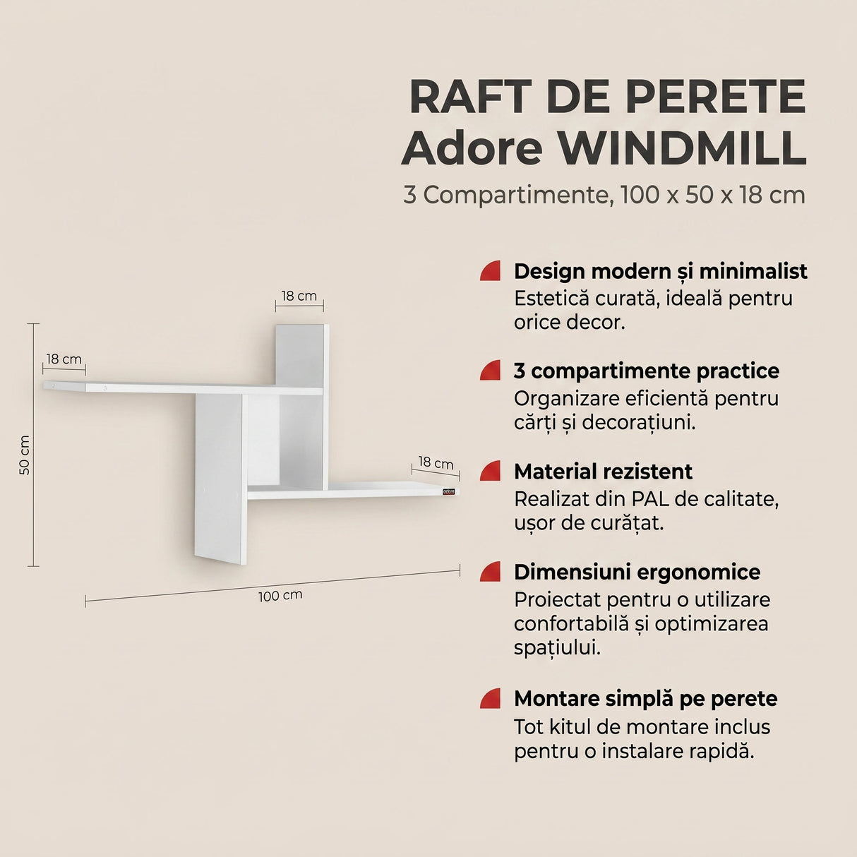 Raft de perete RAF-04-DD-1 Home Collection® Windmill cu 3 Compartimente, 100x50x18 cm - Alb | SKU: RAF-04-DD-1, RAF-04-OO-1, RAF-04-UU-1, RAF-04-YY-1, RAF-04-FF-1