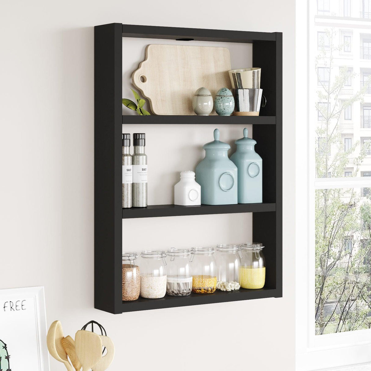 Raft de perete Bucatarie Stonewall, 3 rafturi, 43x60x9 cm - Negru