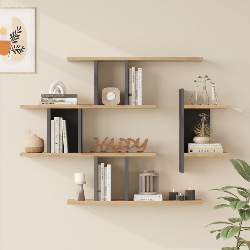 Raft de perete Ledia, MDF, 111x15x78 cm - Stejar-Antracit