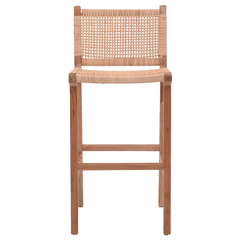 Scaun de bar inaltime medie Sponze Natural lemn de tec schelet si ratan, Natural, 40x47x89 cm