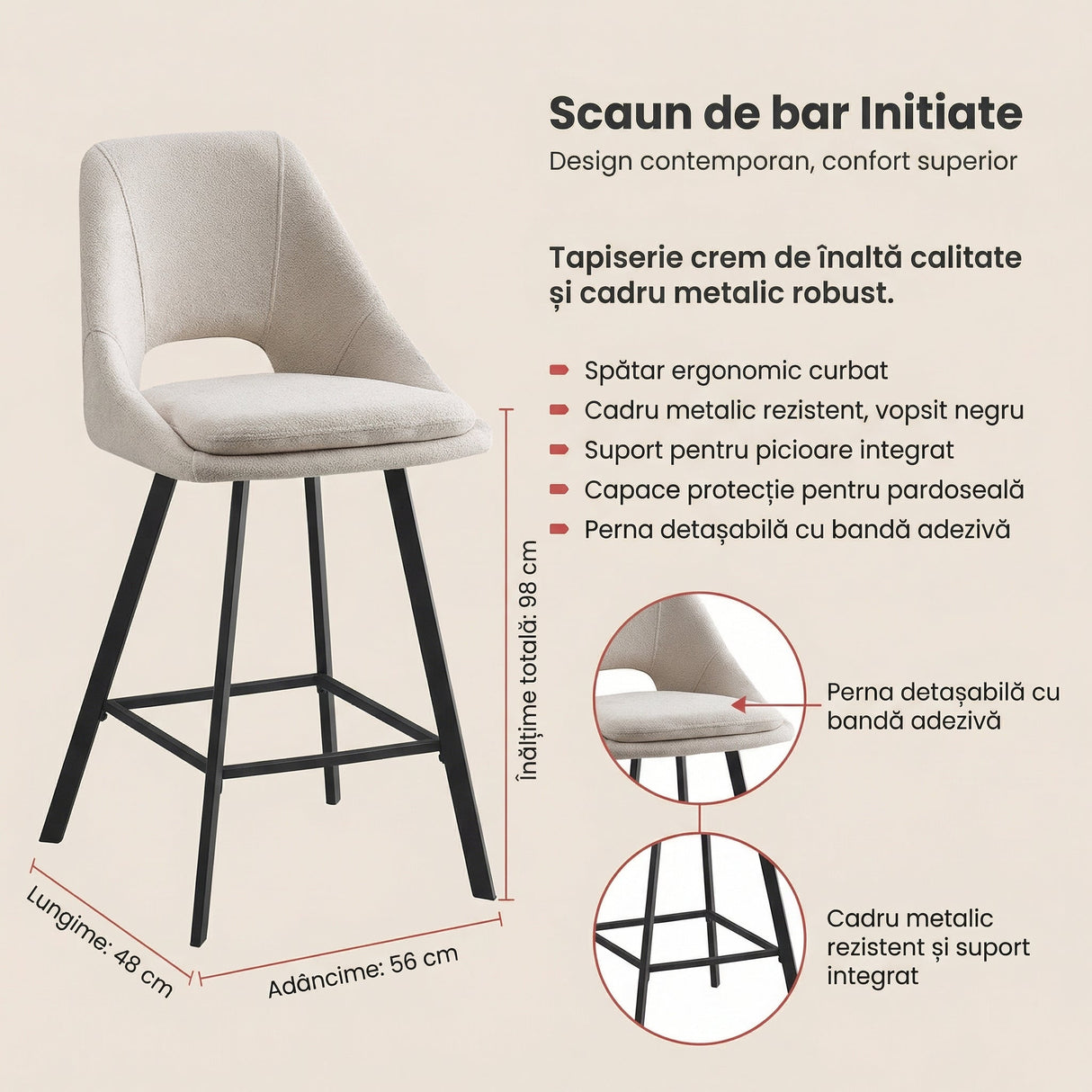 Scaun de bar Initiate, Crem - Bej, 48x56x98 cm - Crem