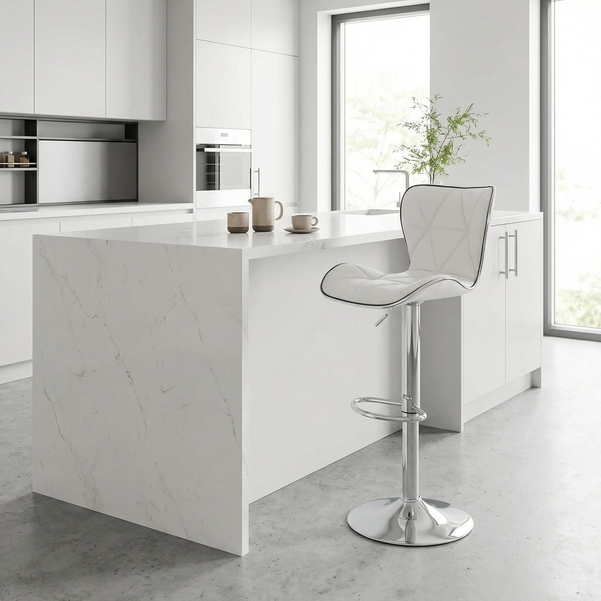 Scaun de bar Jorine reglabil pe inaltime, baza pu-crom, Alb - Negru, 53x44x114 cm - Alb