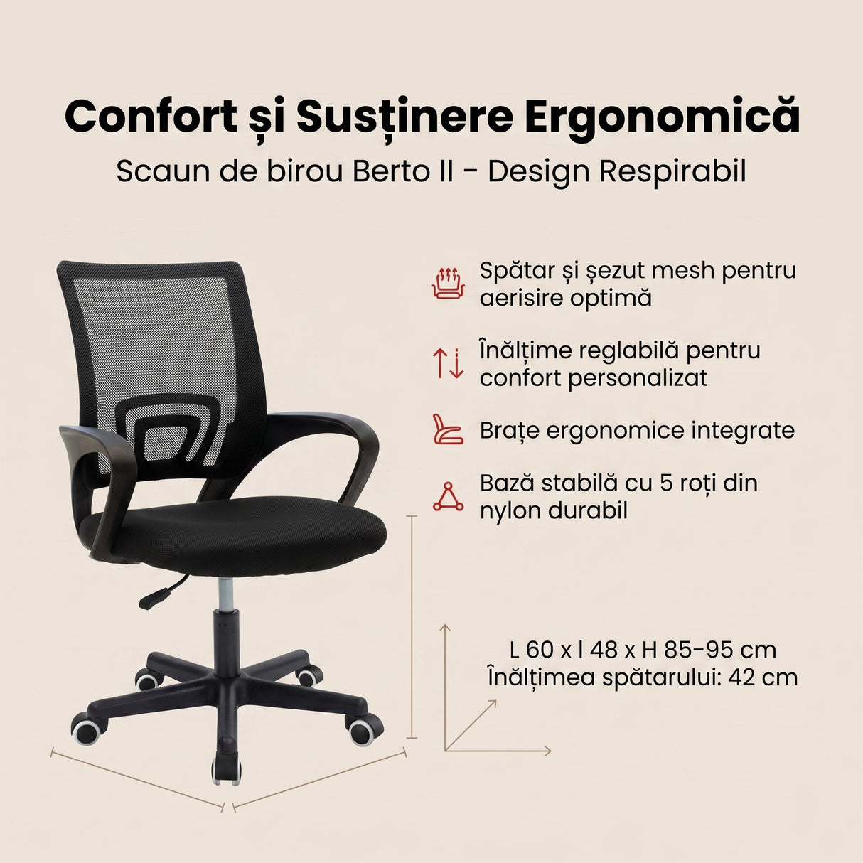 Scaun ergonomic de birou Berto II cu spatar din mesh, – roz/negru, 60x48x85-95 cm - Negru