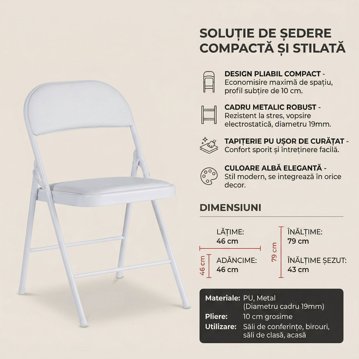 Scaun Pliabil, Alb - Negru, 46x46x79 cm - Alb