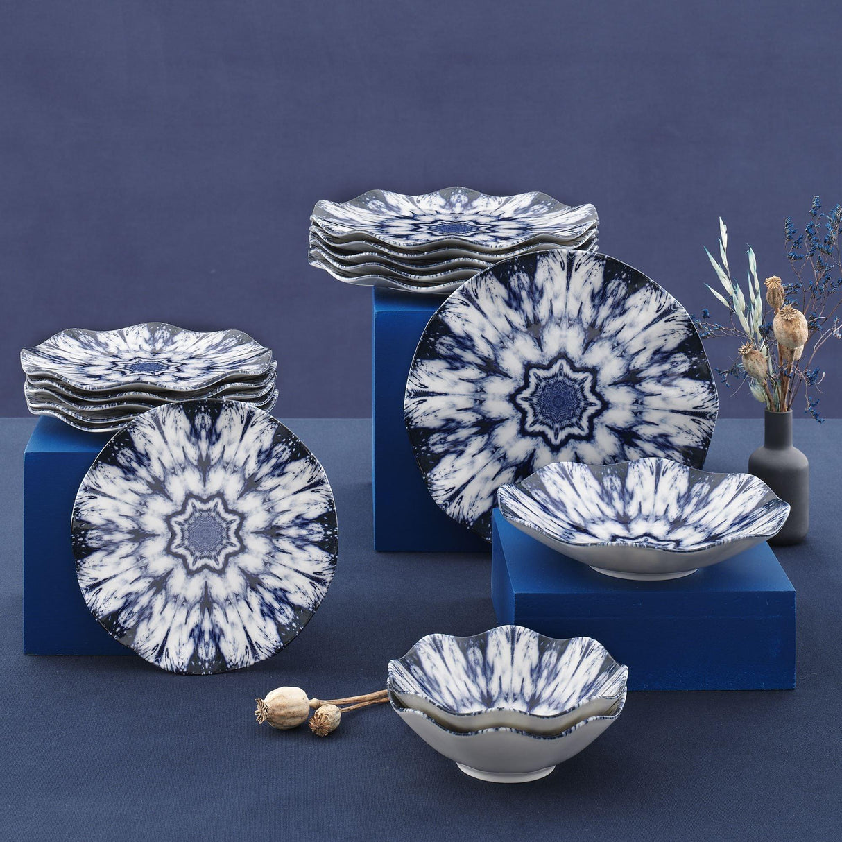 Serviciu de masa, Set 24 piese pentru cina, Portelan, Albastru, 29x28x36 cm