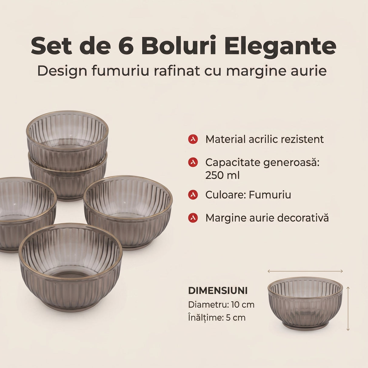 Set 6 boluri, Fumuriu, 10x10x5 cm