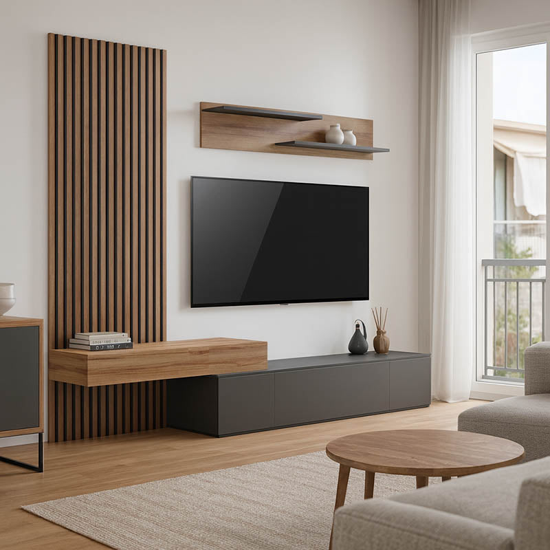 Set Comoda Tv Litende cu Riflaj, antracit-stejar, 249x42x199 cm