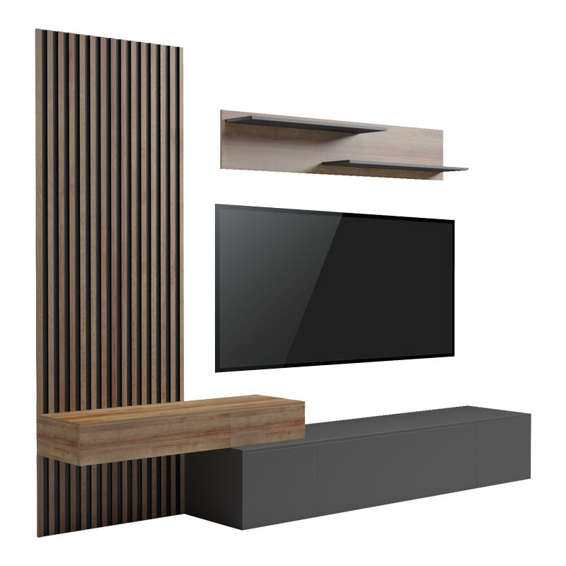 Set Comoda Tv Litende cu Riflaj, antracit-stejar, 249x42x199 cm