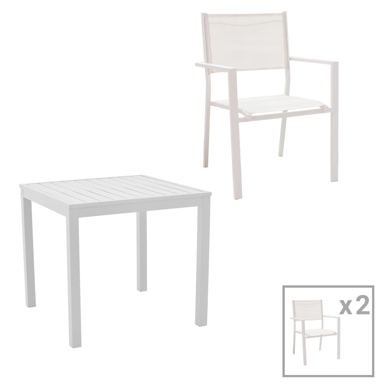 Set de 3 buc masa si scaune de gradina Kliton Moly aluminiu, alb, 80x80x74 cm