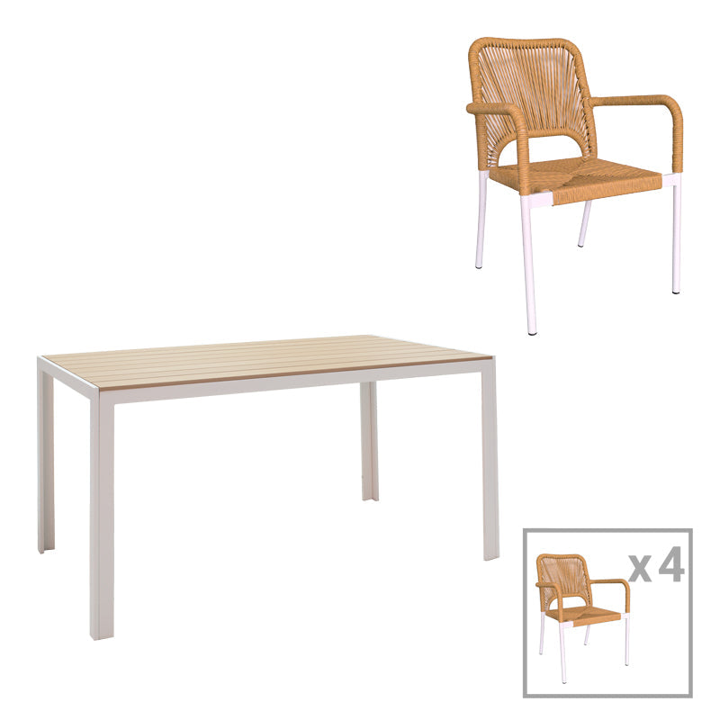 Set de 5 buc masa si scaune de gradina Nares-Norture aluminiu alb si placaj, Natural, 140x80x72 cm