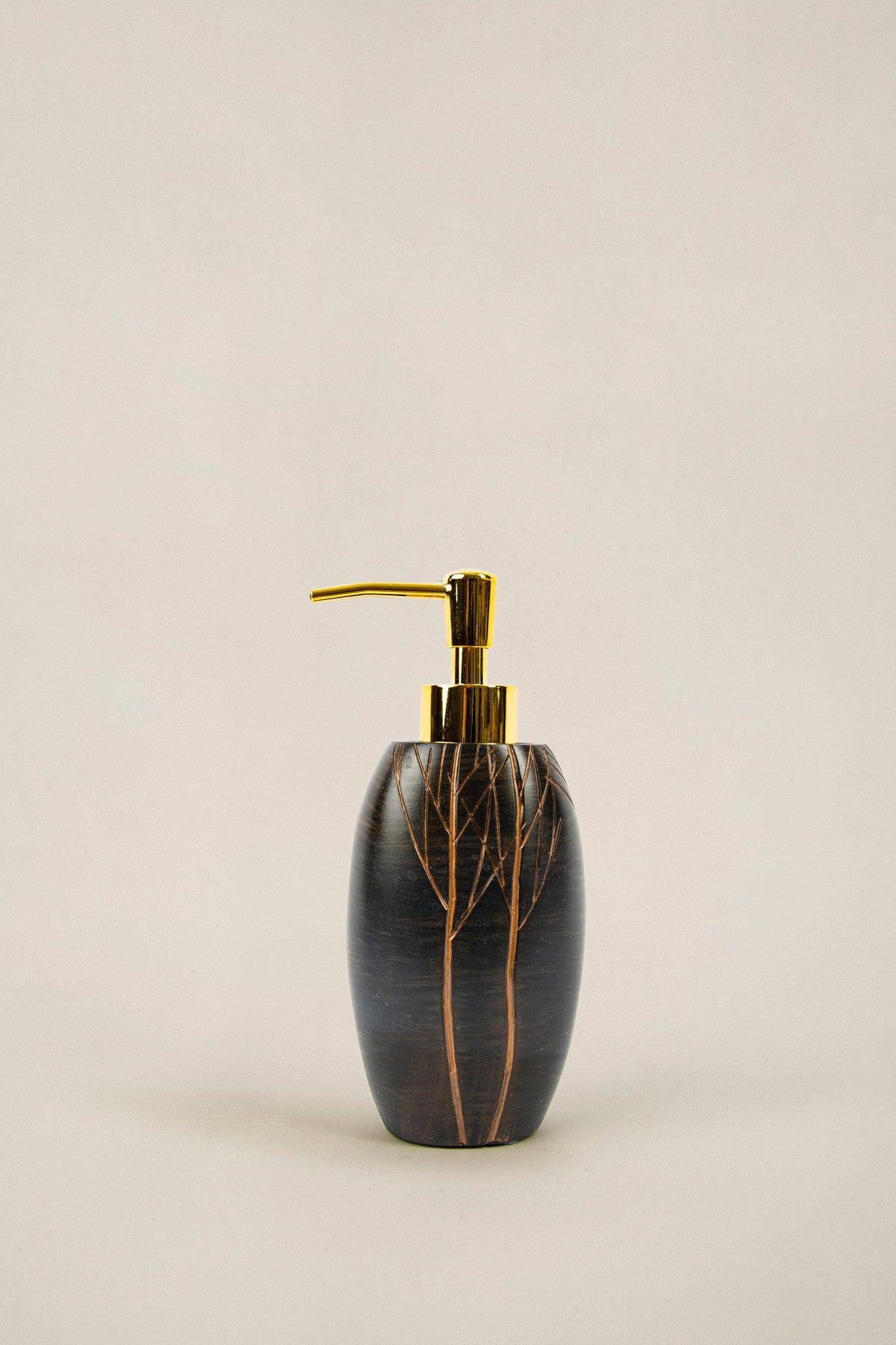 Set de Baie Lux Lioni, Dozator de sapun, Perie, Suport de periuta de dinti, Sapuniera, Coș de Gunoi, Maro, 27x30x27 cm