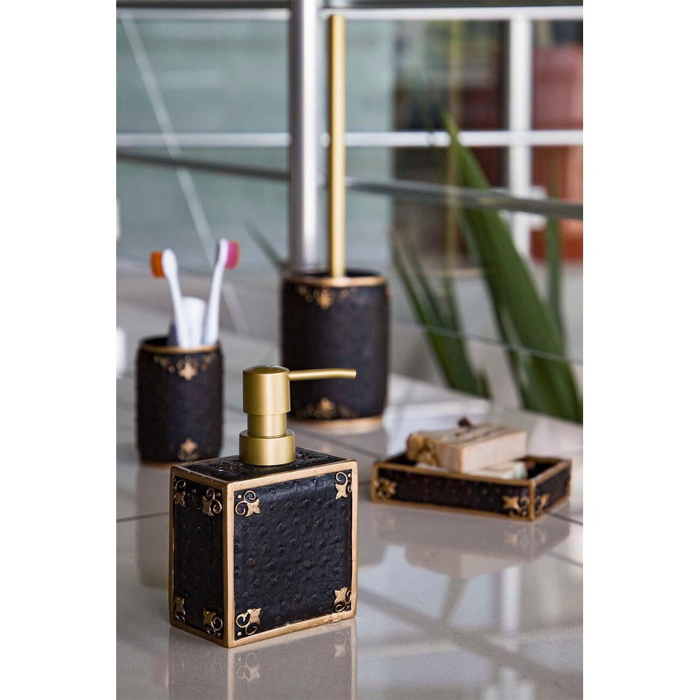 Set de Baie Lux Luxton, Dozator de sapun, Perie, Suport de periuta de dinti, Sapuniera, Negru, 8x81x10 cm