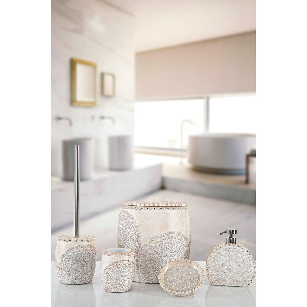 Set de Baie Lux Vanessa, Dozator de sapun, Perie, Suport de periuta de dinti, Sapuniera, Coș de Gunoi, Crem, 20x20x23 cm