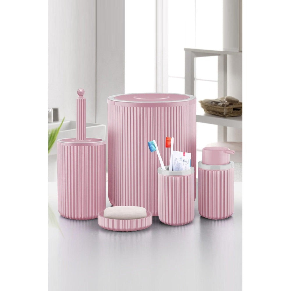Set de baie Mert, Dozator de sapun, Perie, Suport de periuta de dinti, Sapuniera, Coș de Gunoi, 34x13x9 cm - Roz