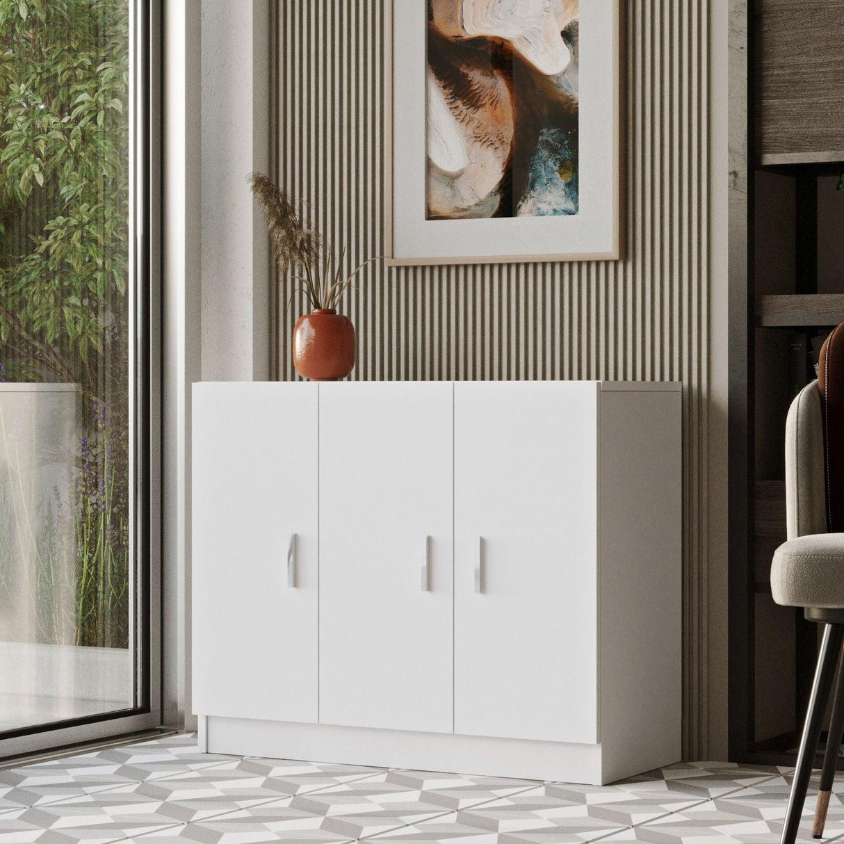Set de mobilier de birou Barsto, Alb - Nuc - Stejar, 5 piese Elegante, 140x60x74 cm - Alb