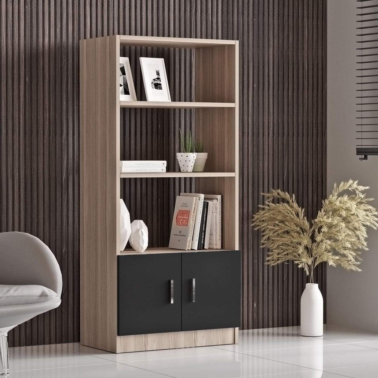 Set de mobilier de birou Barsto, Alb - Nuc - Stejar, 5 piese Elegante, 140x60x74 cm - Stejar