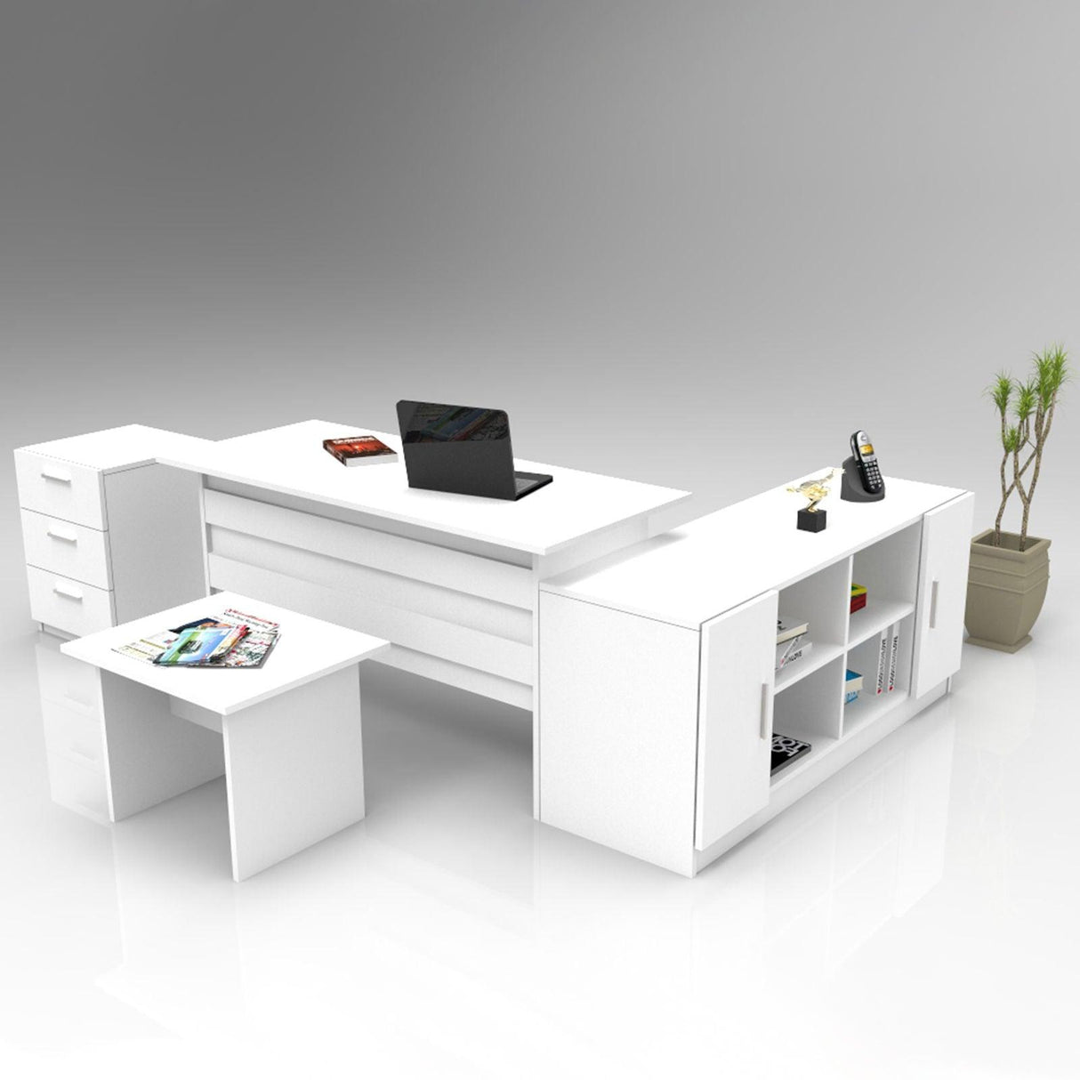 Set de mobilier de birou Bexon, Nuc - Alb - Stejar, Birou - Comoda - Rollbox - Masuta, 140x60x74 cm - Alb